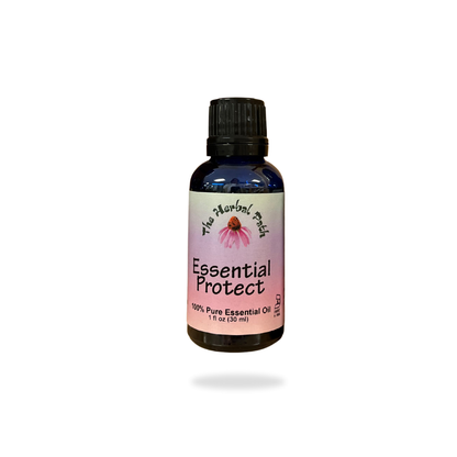 Bottle of 'Essential Protect' essential oil with a pink label on a white background.