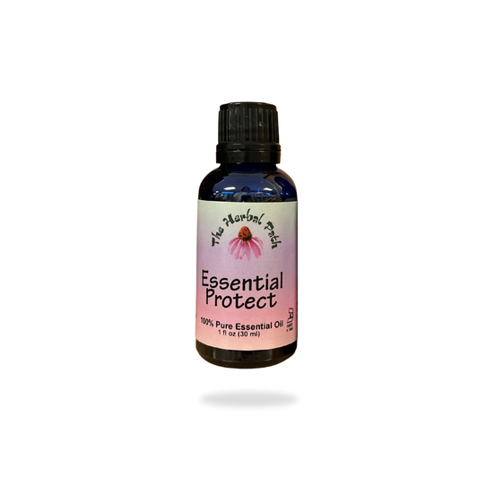 Bottle of 'Essential Protect' essential oil with a pink label on a white background.