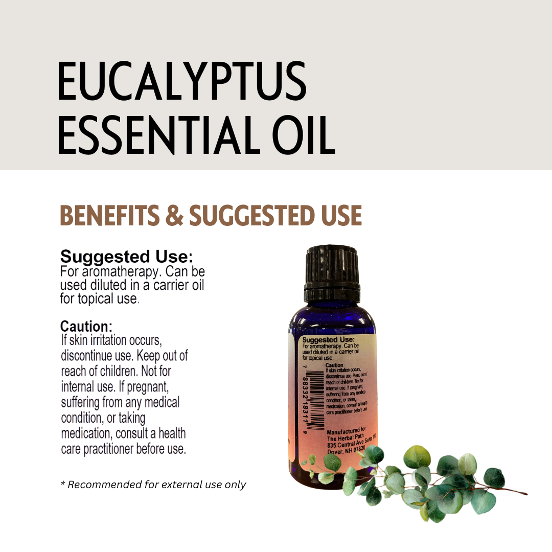 Eucalyptus essential oil bottle with label and eucalyptus leaves on a white background