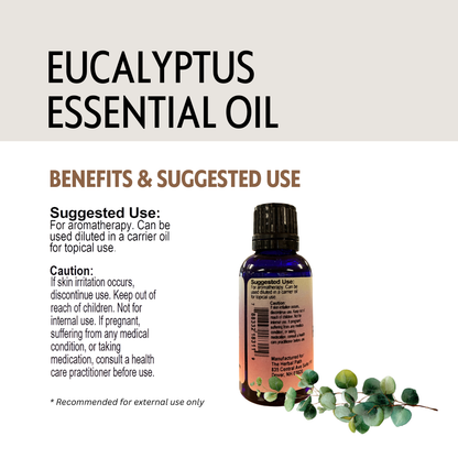 Eucalyptus essential oil bottle with label and eucalyptus leaves on a white background