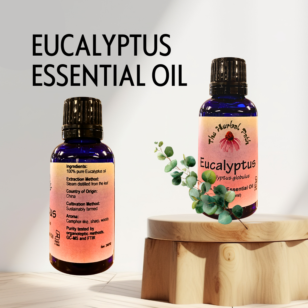 Two bottles of eucalyptus essential oil on a wooden stand with a light background