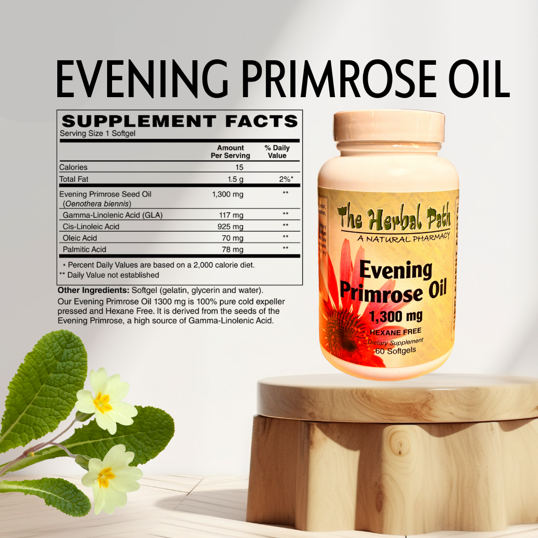 Bottle of Evening Primrose Oil with supplement facts on a light background.