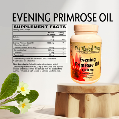 Bottle of Evening Primrose Oil with supplement facts on a light background.