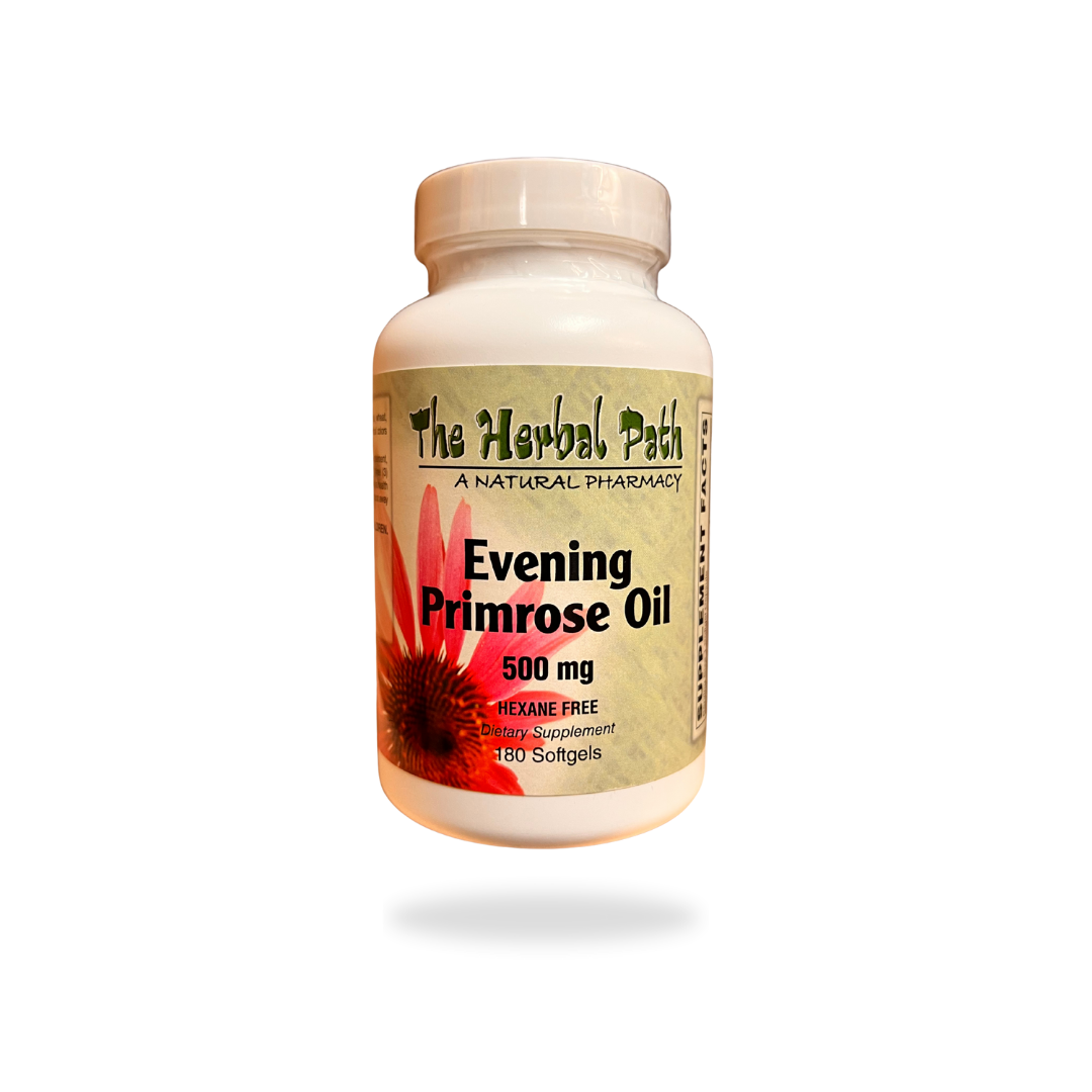 Bottle of Evening Primrose Oil by The Herbal Path on a white background