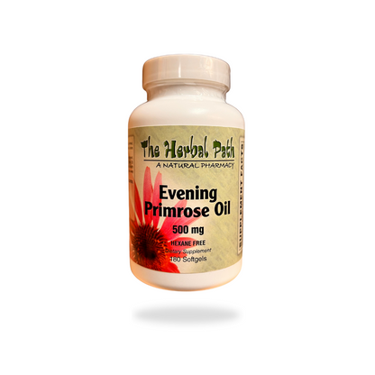Bottle of Evening Primrose Oil by The Herbal Path on a white background