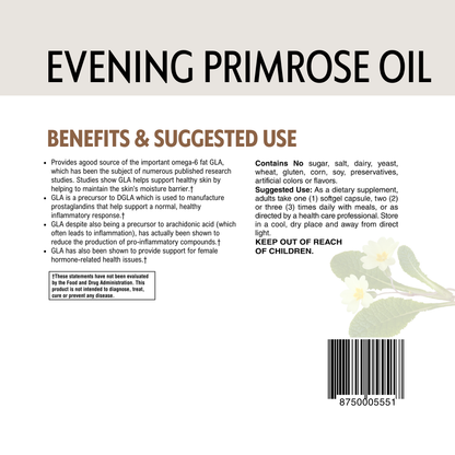 Evening primrose oil supplement label with benefits and suggested use on a beige background.