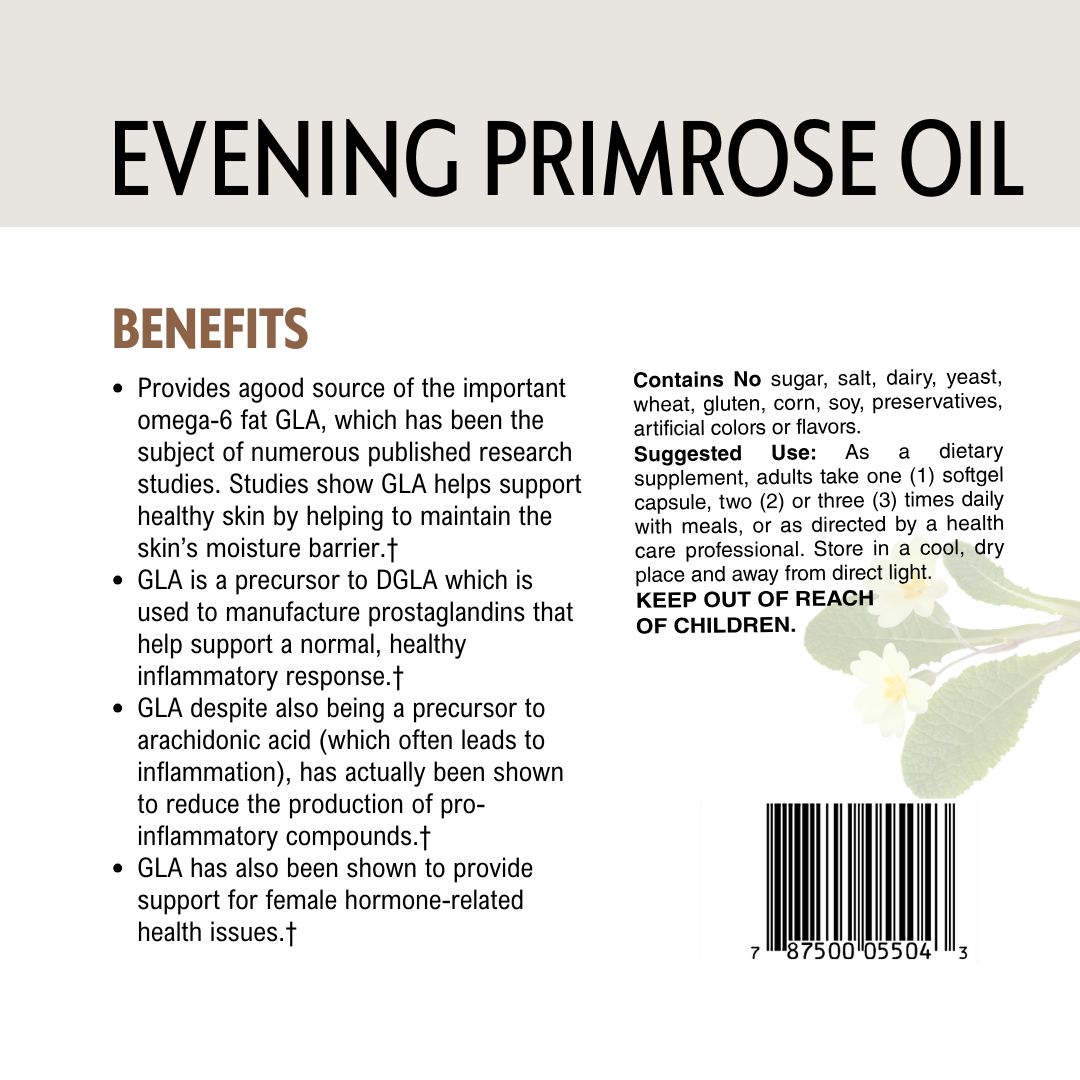 Evening primrose oil product label with text and a barcode on a beige background