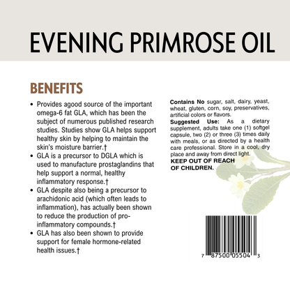 Evening primrose oil product label with text and a barcode on a beige background