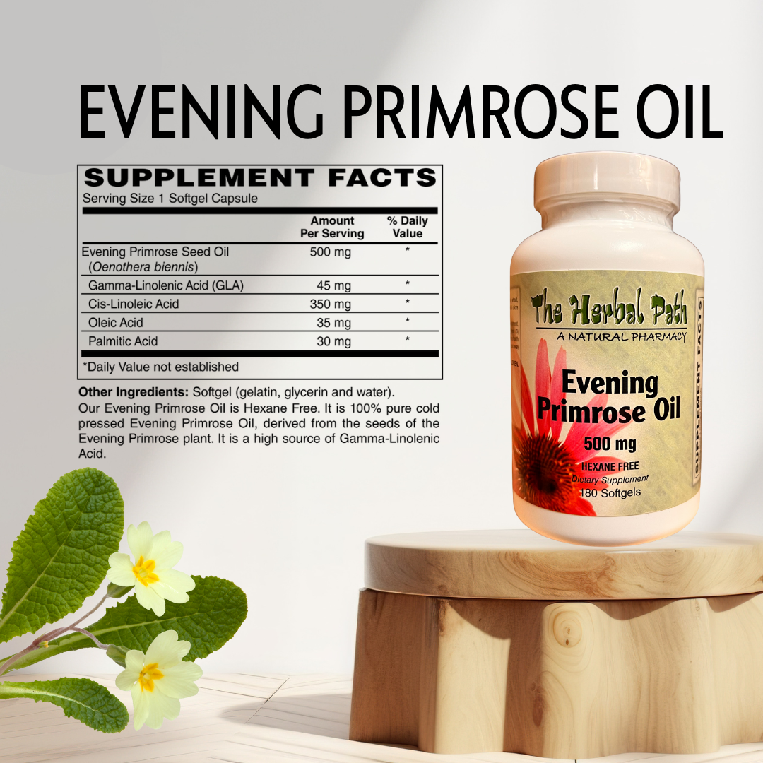 Bottle of Evening Primrose Oil with supplement facts label on a wooden stand, featuring The Herbal Path brand.