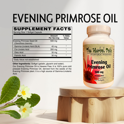 Bottle of Evening Primrose Oil with supplement facts label on a wooden stand, featuring The Herbal Path brand.