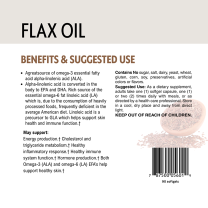Flax oil supplement label with benefits, barcode and suggested use on a white background.
