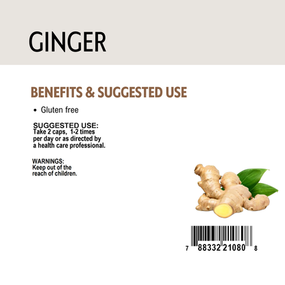 Ginger benefits and suggested use label with barcode.