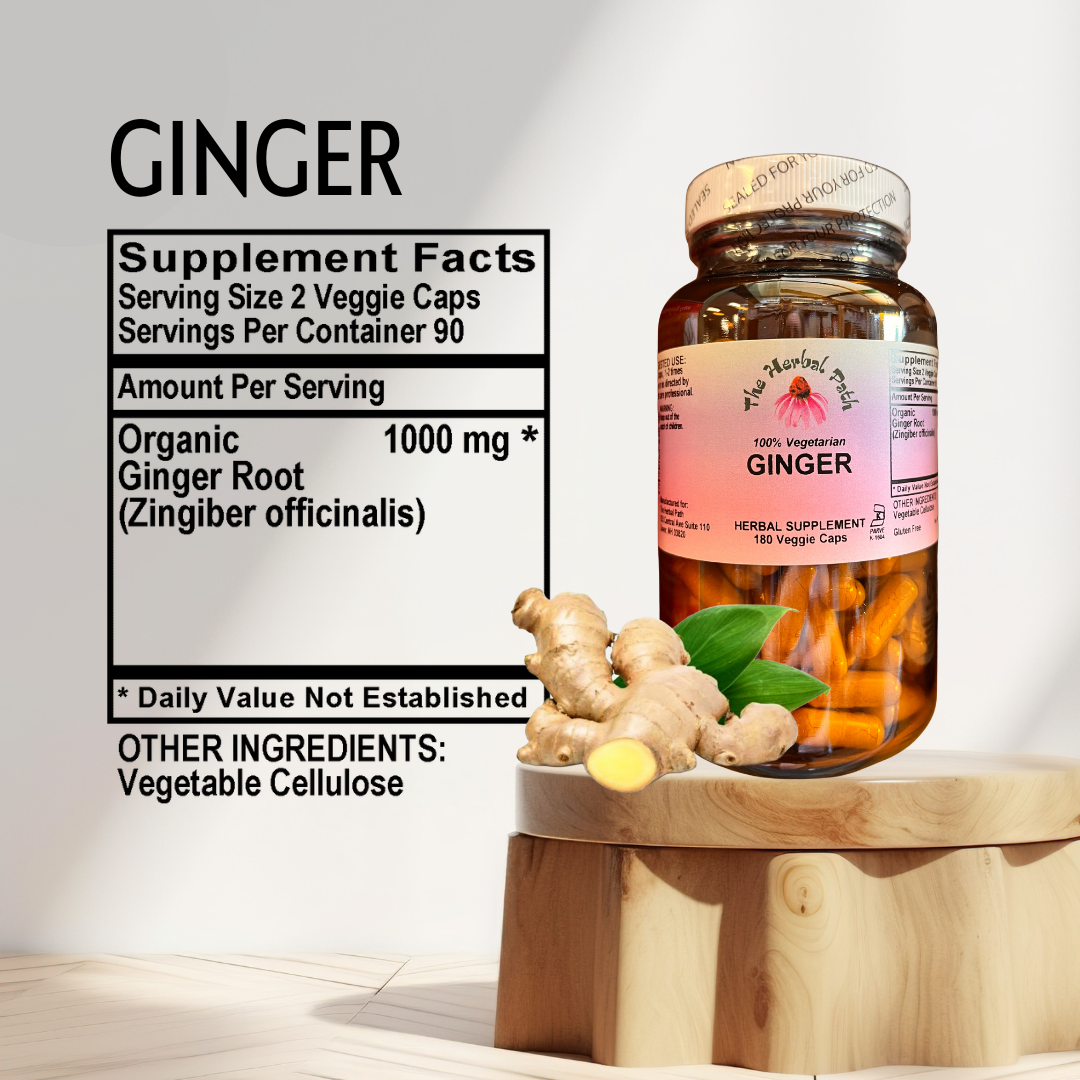 Supplement bottle labeled 'GINGER' with supplement facts.