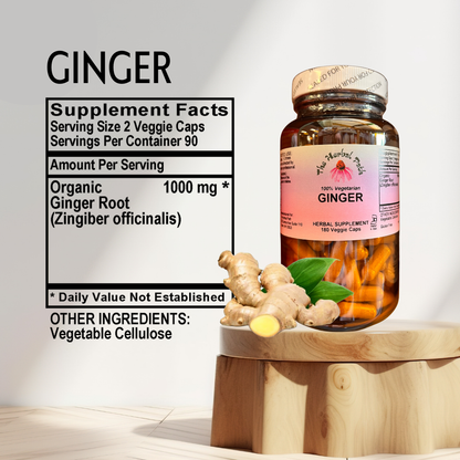 Supplement bottle labeled 'GINGER' with supplement facts.