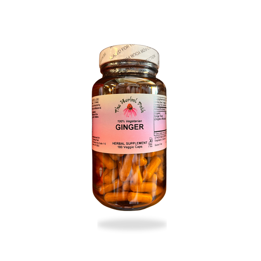 Bottle of ginger herbal supplement capsules by The Herbal Path.