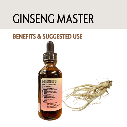Bottle of Ginseng Master with ginseng root on a light gray background