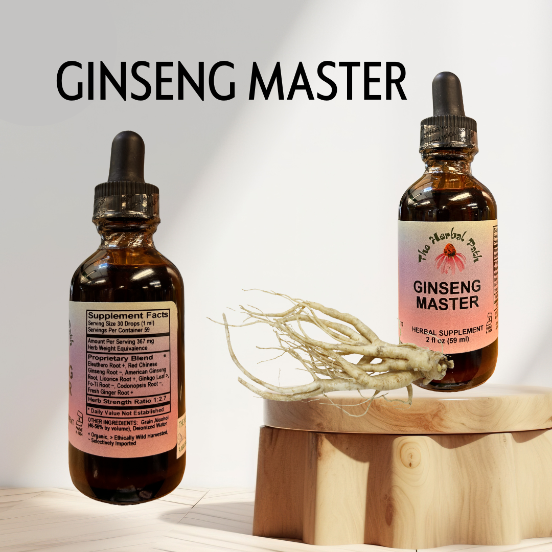 Two bottles of Ginseng Master supplement with a ginseng root on a wooden stand against a light background.