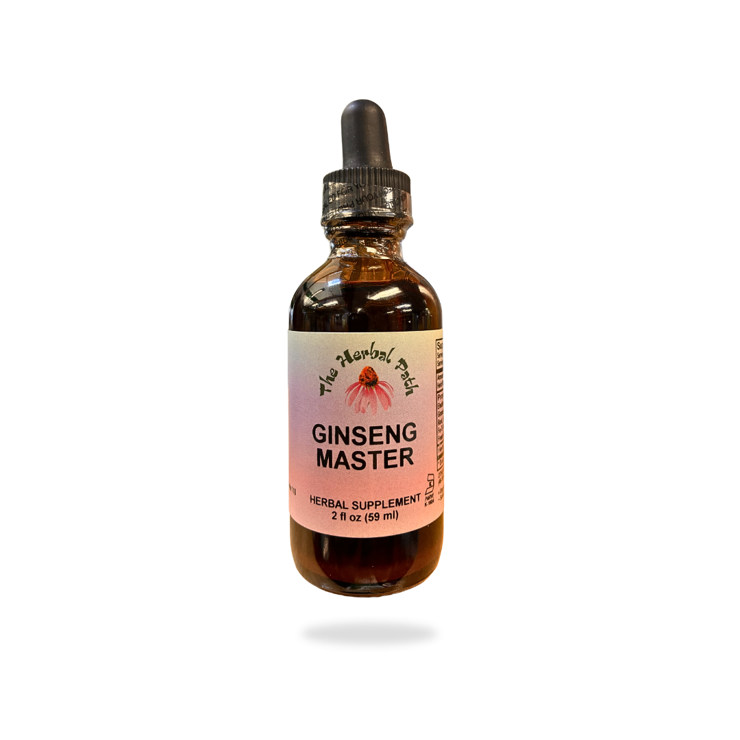 Bottle of Ginseng Master herbal supplement with a dropper on a white background