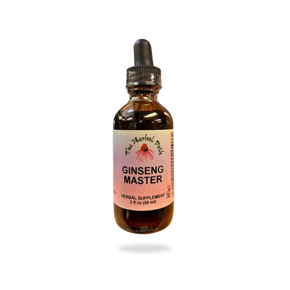 Bottle of Ginseng Master herbal supplement with a dropper on a white background