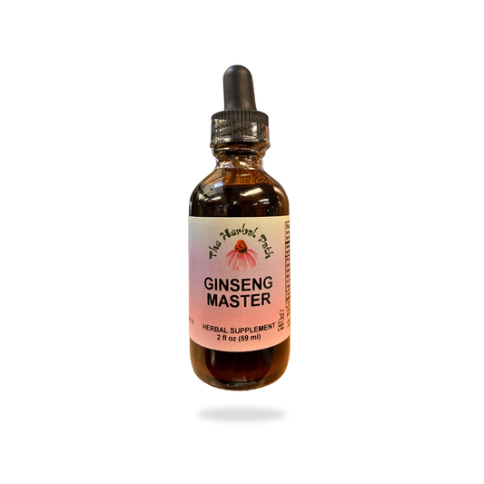 Bottle of Ginseng Master herbal supplement with a dropper on a white background