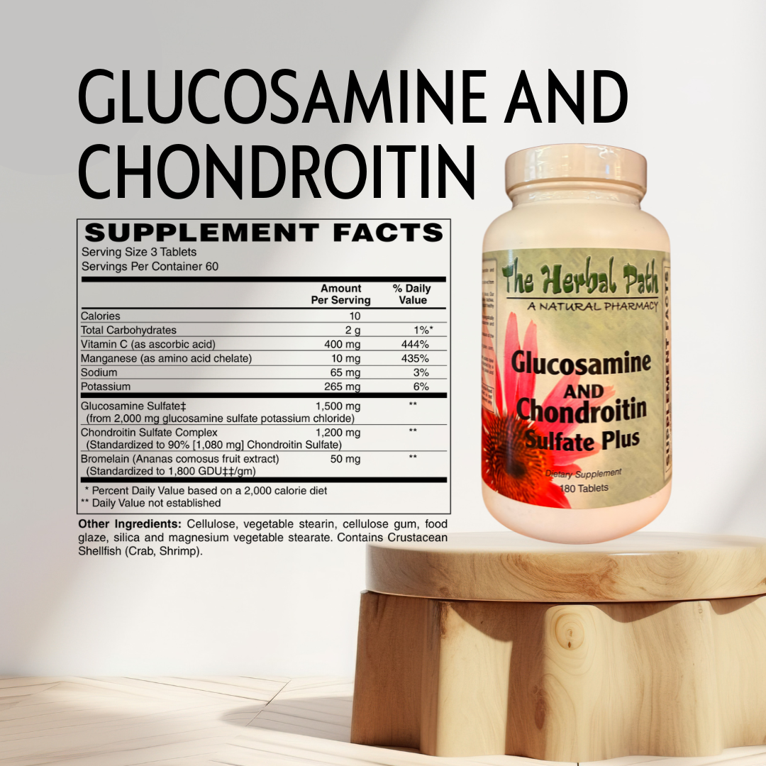 Supplement bottle labeled 'Glucosamine and Chondroitin' with supplement facts on a light background