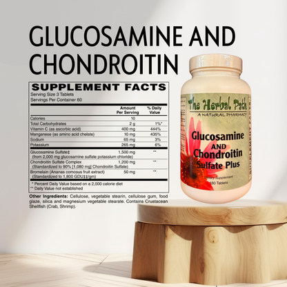 Supplement bottle labeled 'Glucosamine and Chondroitin' with supplement facts on a light background