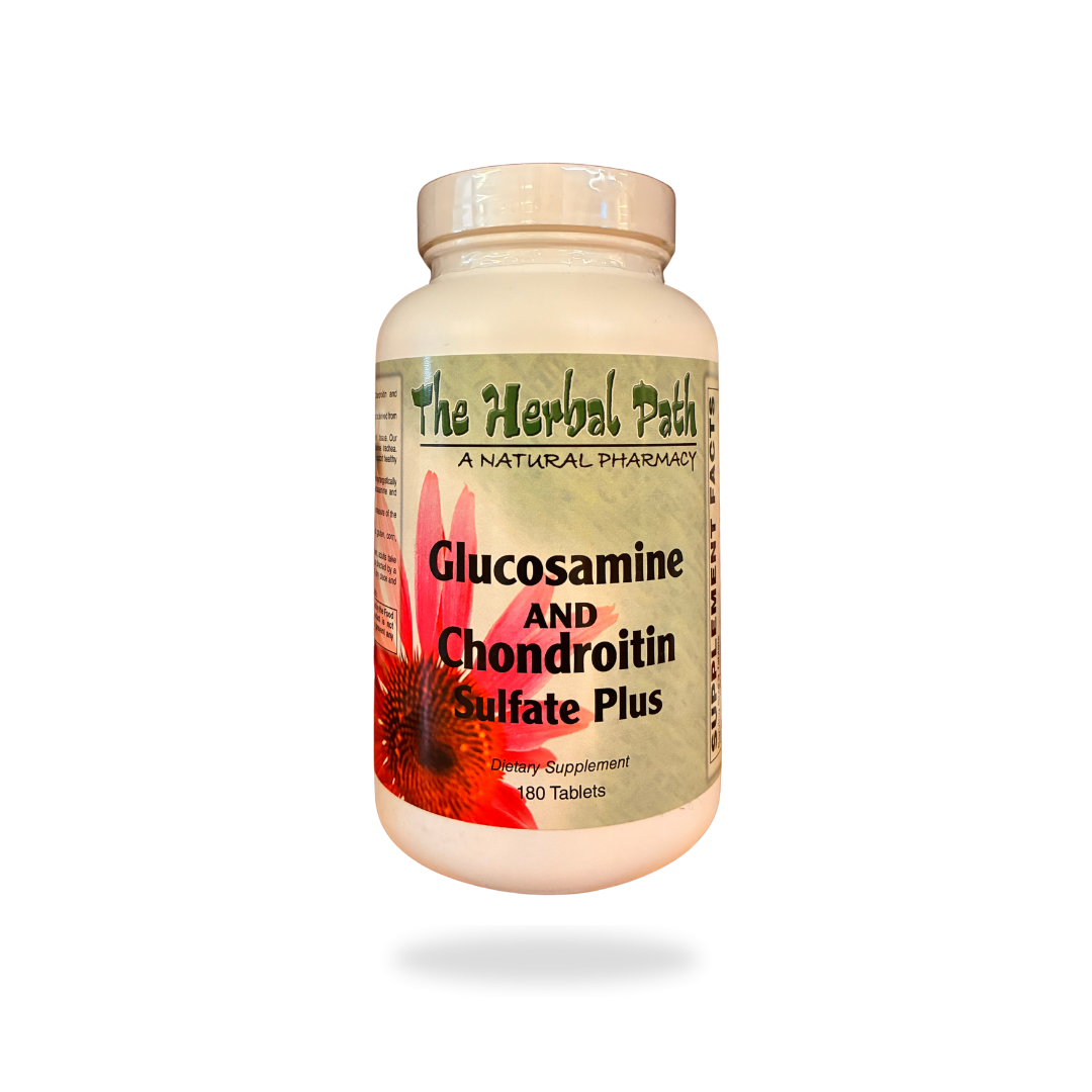 Supplement bottle labeled 'Glucosamine and Chondroitin Sulfate Plus' from 'The Herbal Path' on a white background.