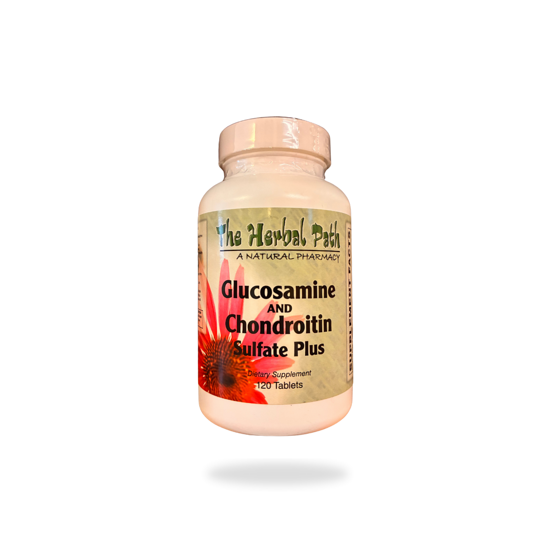Supplement bottle labeled 'Glucosamine and Chondroitin Sulfate Plus' from 'The Herbal Path' on a white background
