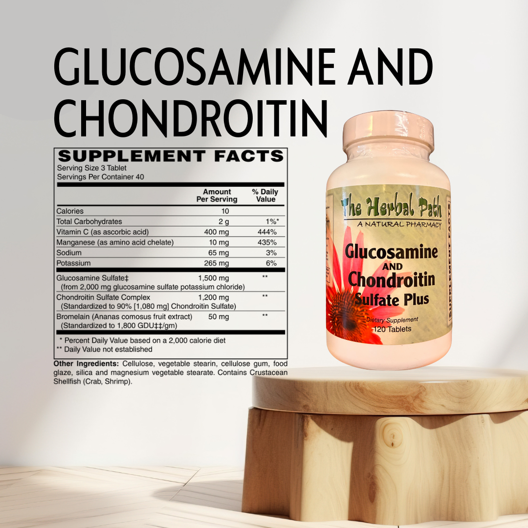 Glucosamine and Chondroitin supplement bottle with label on a wooden block against a light background