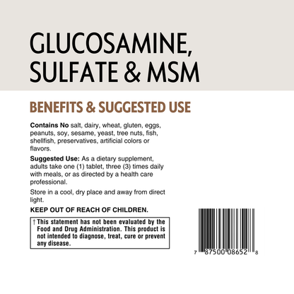 Supplement label with glucosamine, sulfate, and MSM information on a white background