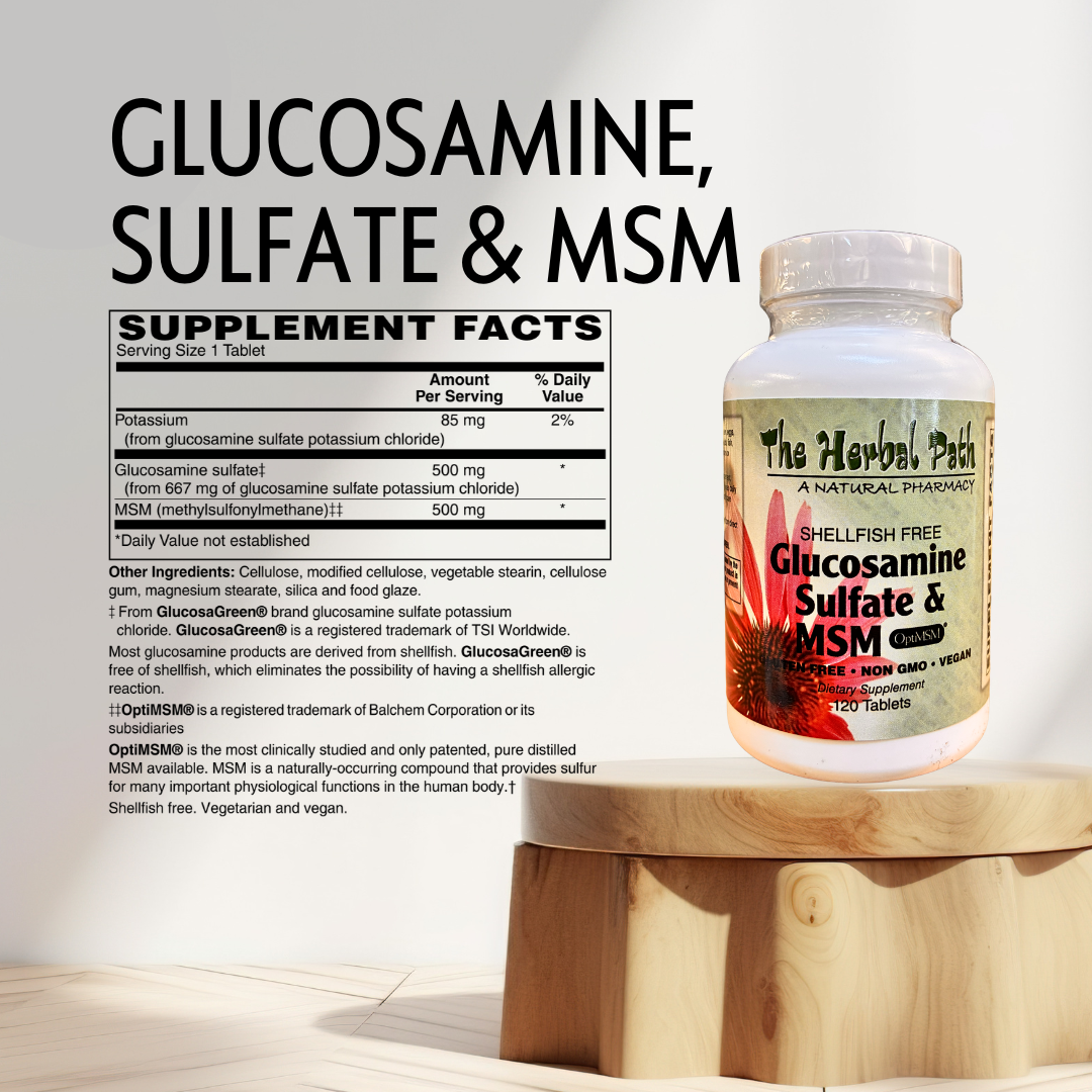 Supplement bottle labeled 'Glucosamine, Sulfate & MSM' on a wooden stand with supplement facts displayed.