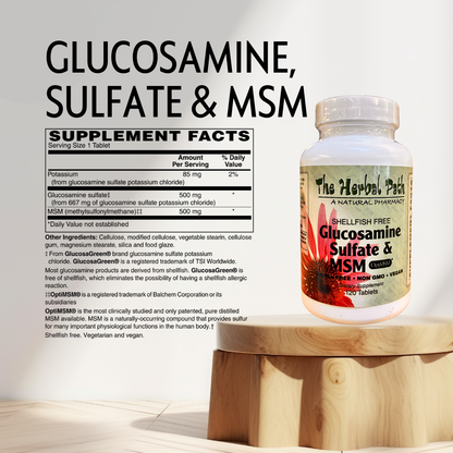Supplement bottle labeled 'Glucosamine, Sulfate & MSM' on a wooden stand with supplement facts displayed.