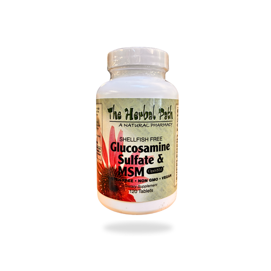Supplement bottle labeled 'Glucosamine Sulfate & MSM' from 'The Herbal Path' on a white background