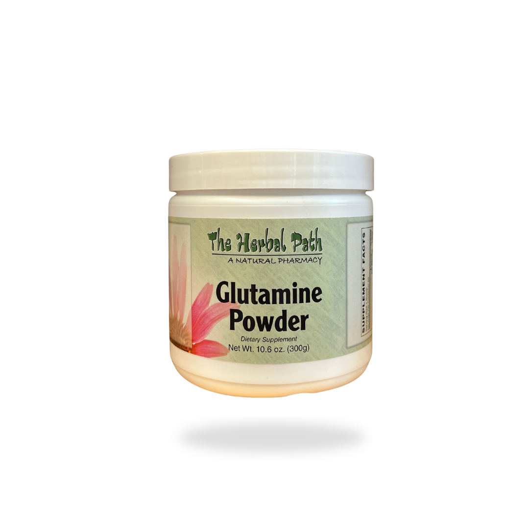 Jar of Glutamine Powder from The Herbal Path on a white background.