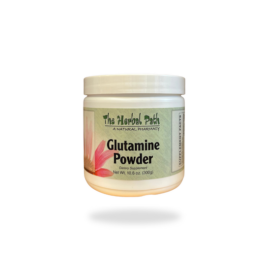 Jar of Glutamine Powder from The Herbal Path on a white background.