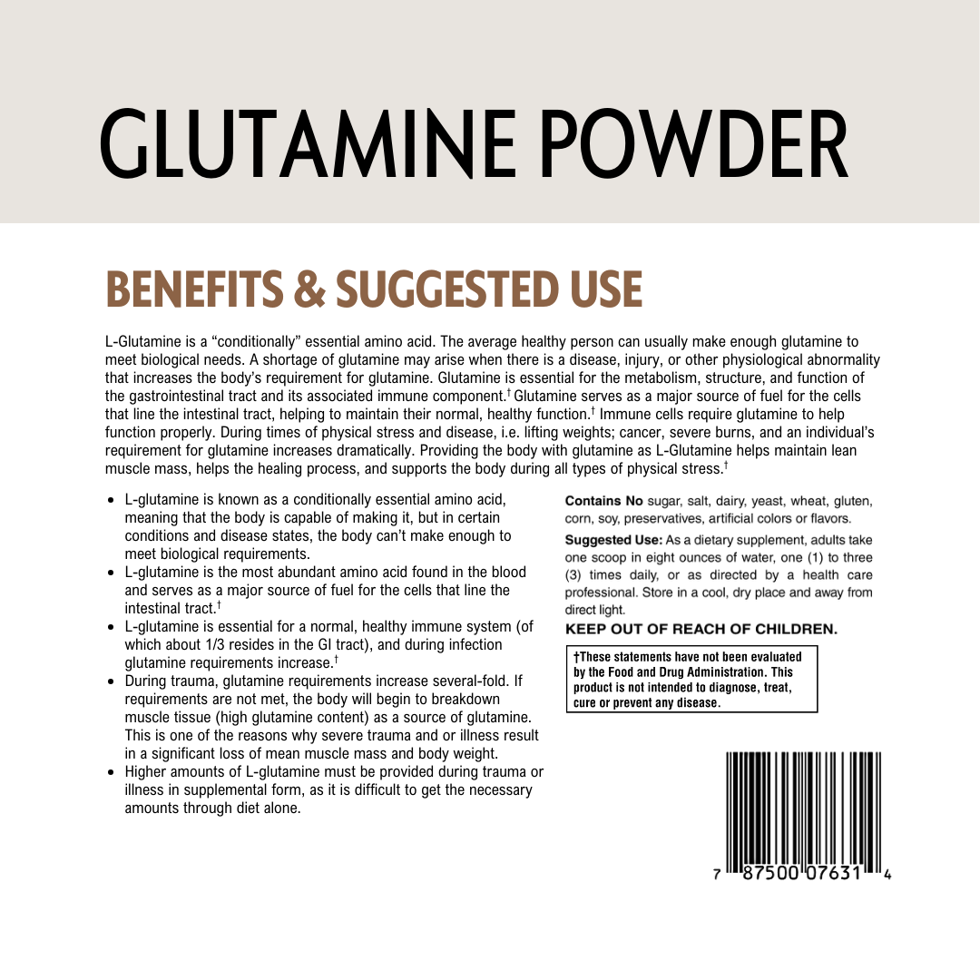 Back label of glutamine powder packaging with text on benefits and usage.
