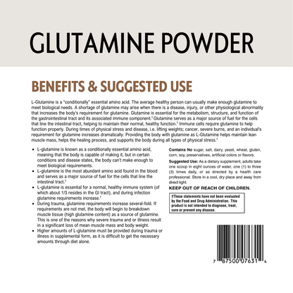 Back label of glutamine powder packaging with text on benefits and usage.