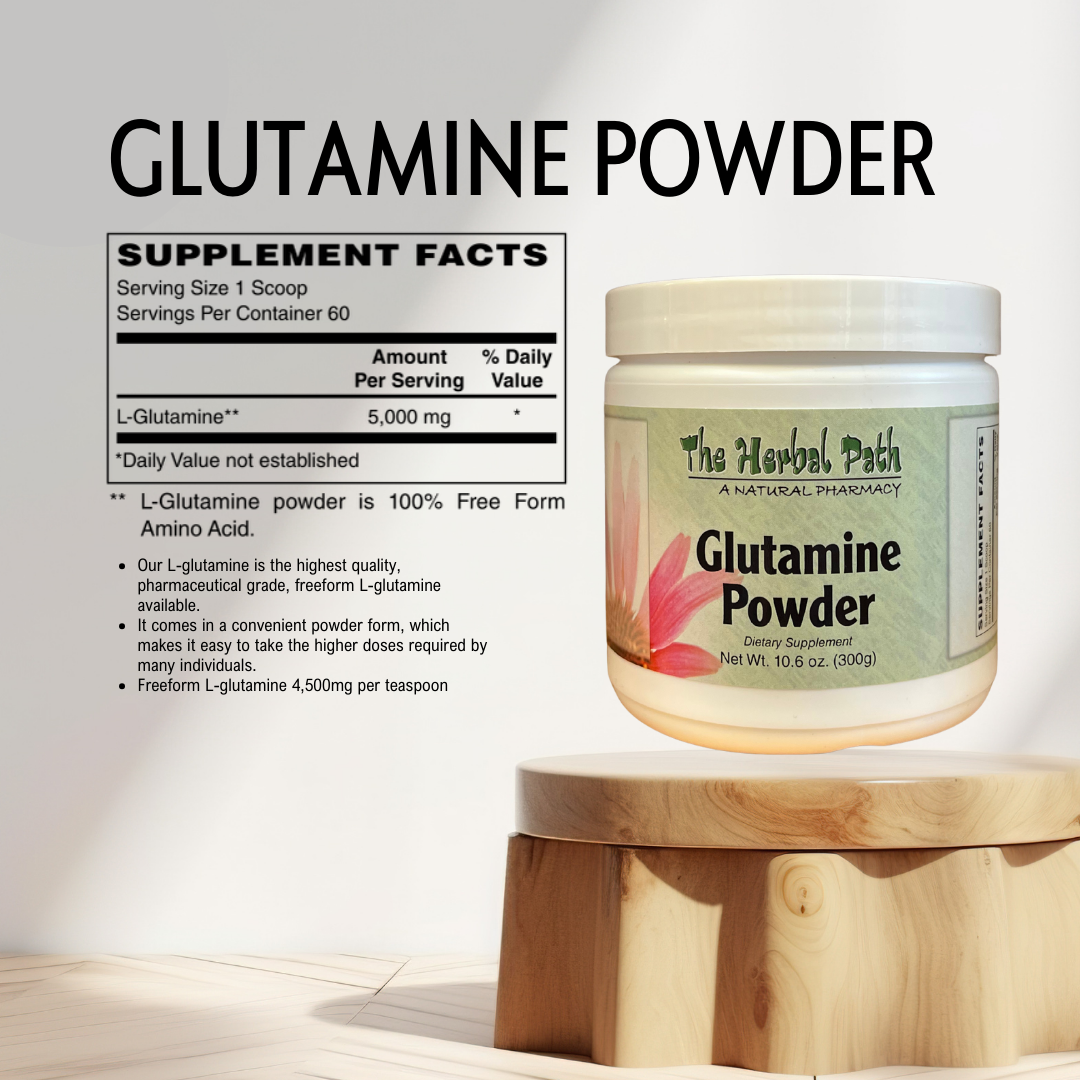 Glutamine powder container with supplement facts label on a light background.