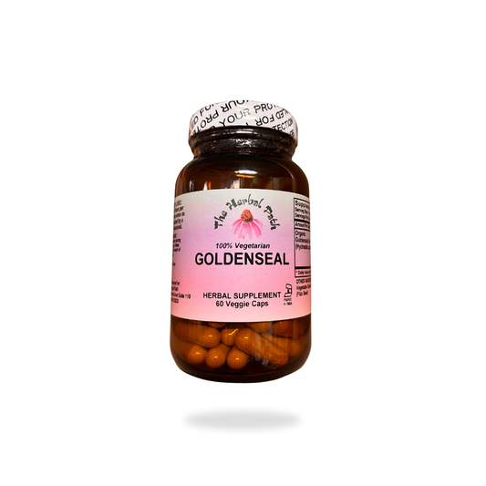 Bottle of Goldenseal herbal supplement with a pink label on a white background