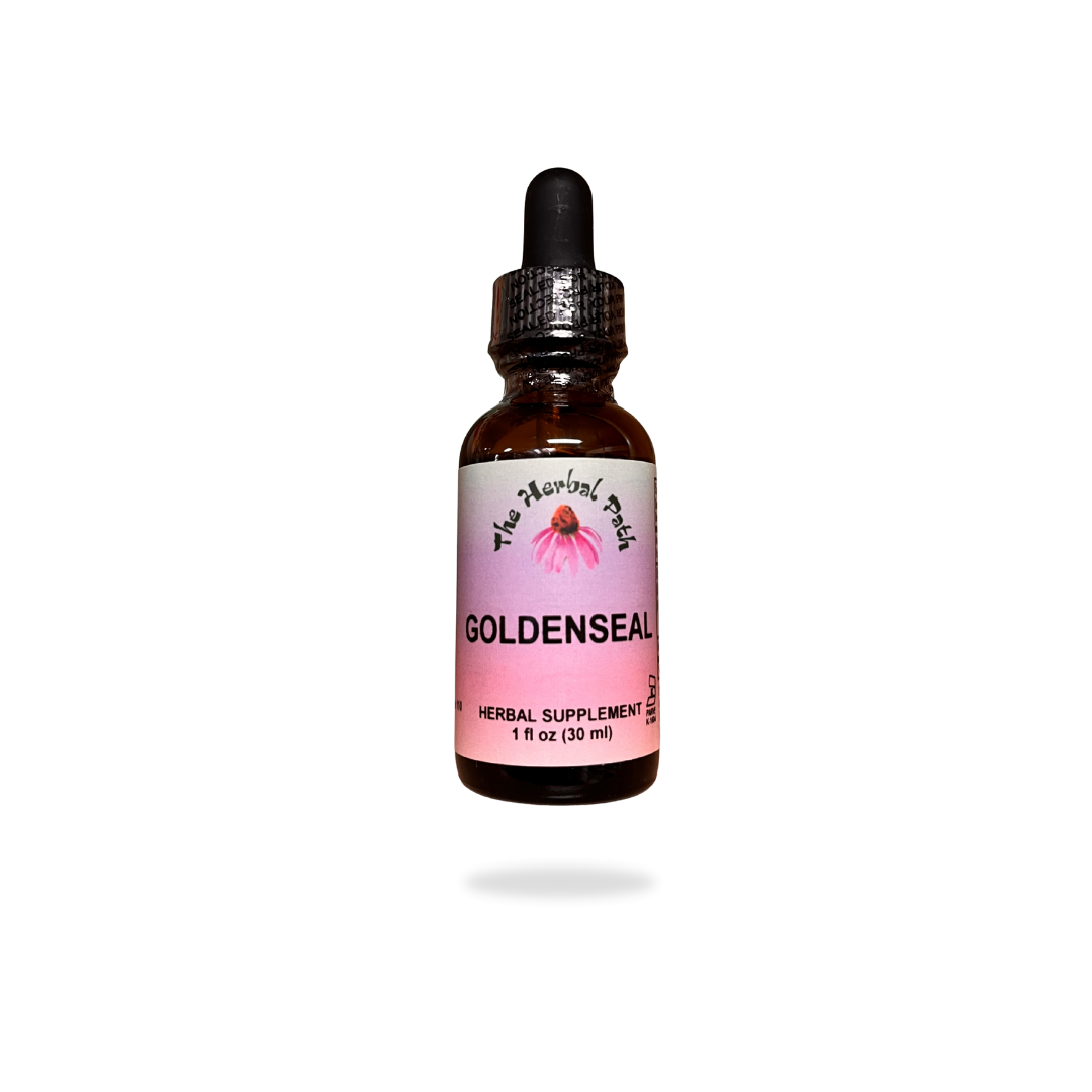 Bottle of Goldenseal herbal supplement with dropper on a white background