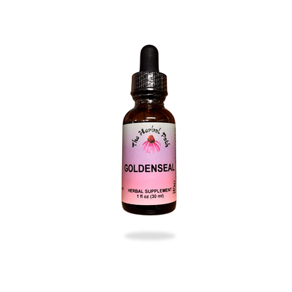 Bottle of Goldenseal herbal supplement with dropper on a white background