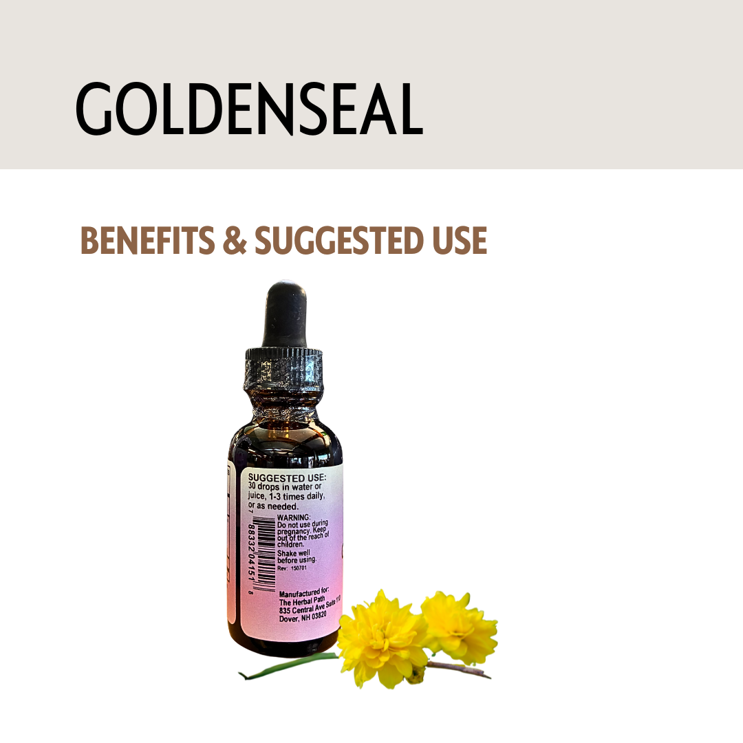 Goldenseal dropper bottle with flowers on a white background