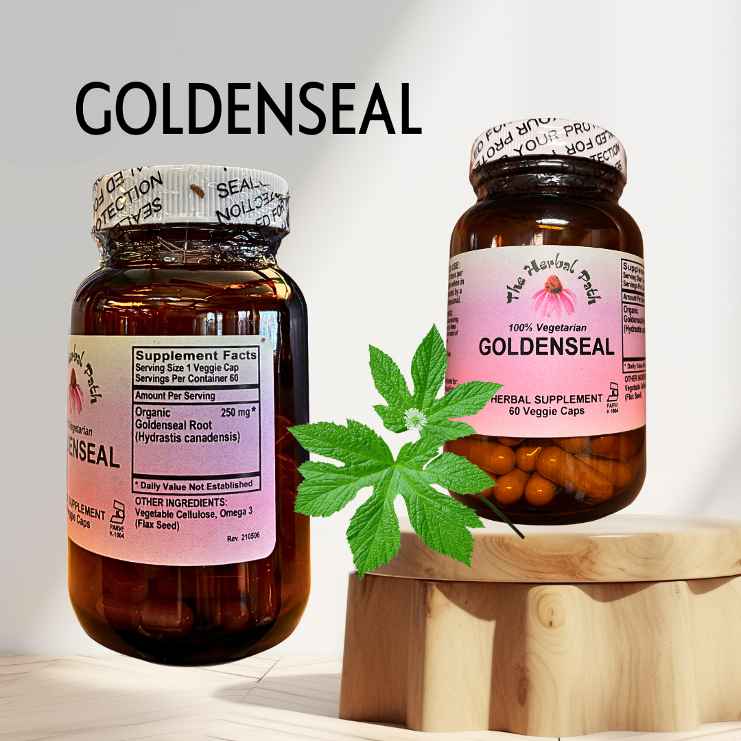 Two bottles of goldenseal supplement on a wooden stand with a white background