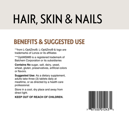 Product label for hair, skin, and nails with text and a barcode on a beige background