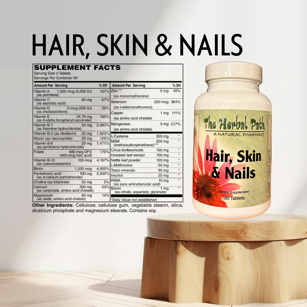 Supplement bottle labeled 'Hair, Skin & Nails' on a wooden stand with nutritional facts displayed.