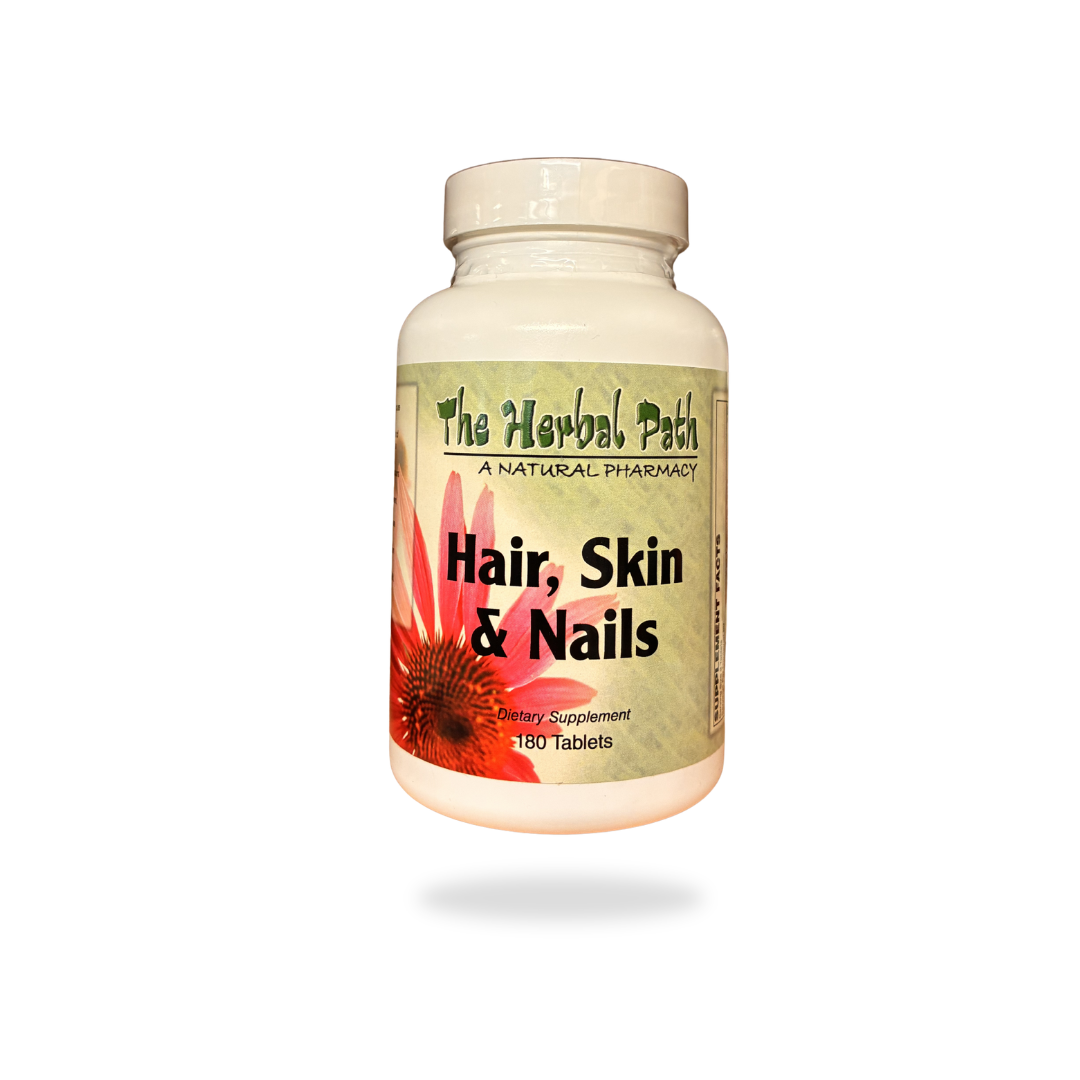 Supplement bottle labeled 'Hair, Skin & Nails' by 'The Herbal Path' on a white background