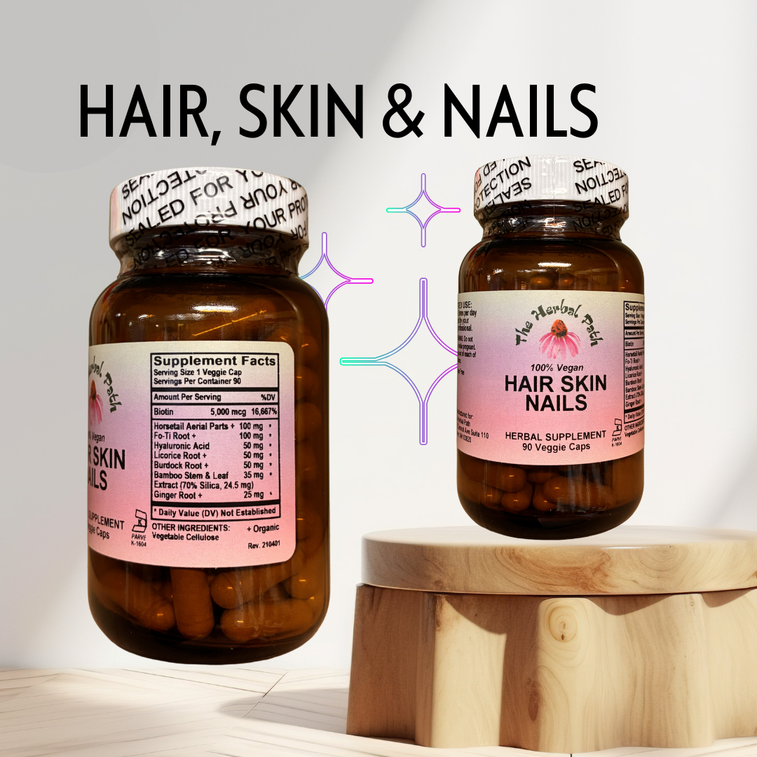 Two bottles of 'Hair Skin Nails' supplements on a wooden stand with a light background.