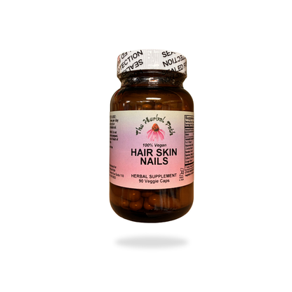 Supplement bottle labeled 'Hair Skin Nails' on a white background