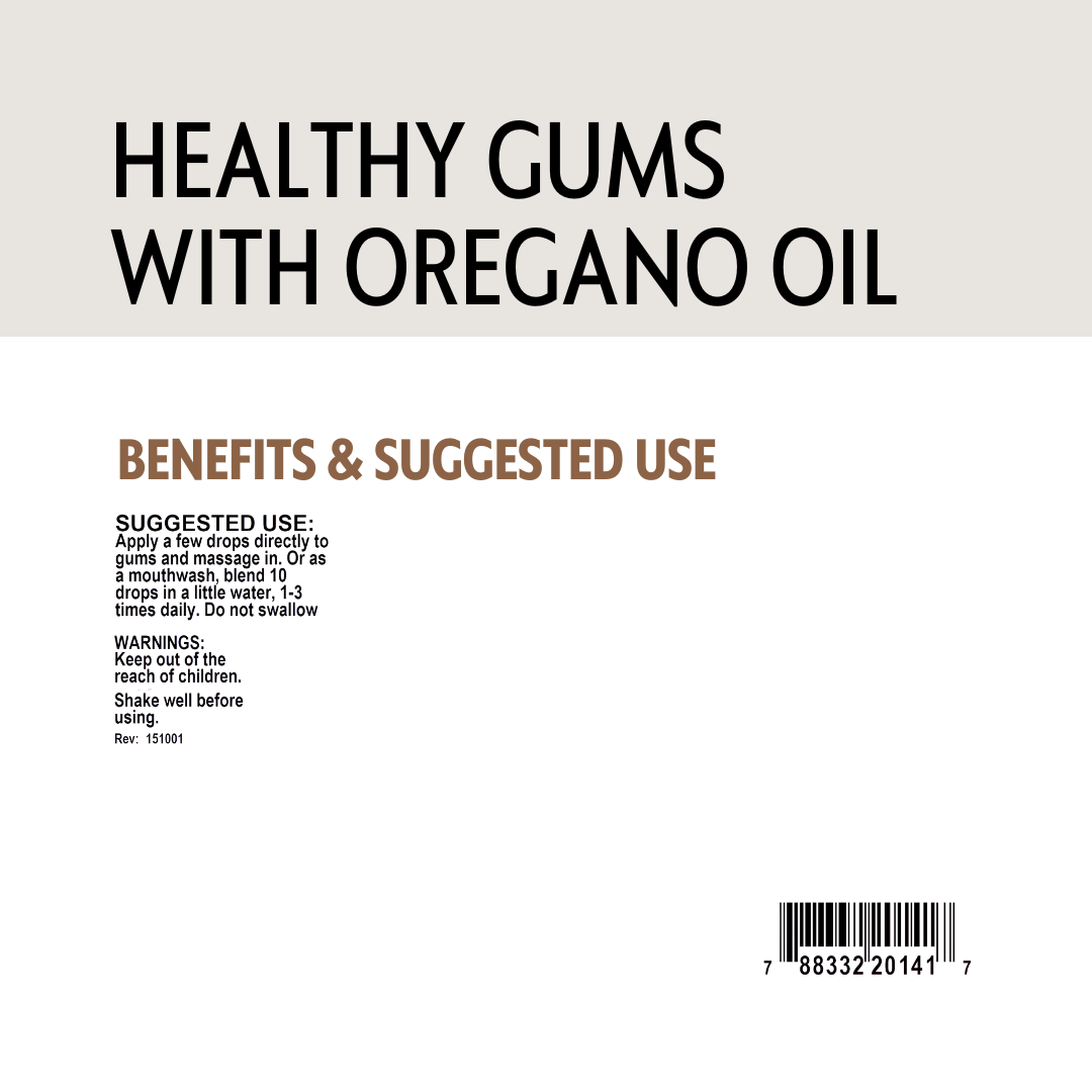 Product label for 'Healthy Gums with Oregano Oil' showing benefits, barcode and suggested use on a beige background.