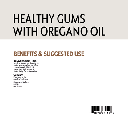 Product label for 'Healthy Gums with Oregano Oil' showing benefits, barcode and suggested use on a beige background.